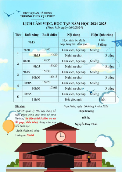 LỊCH LÀM VIỆC, HỌC TẬP NĂM HỌC 2024- 2025