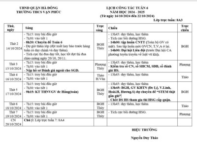 LỊCH CÔNG TÁC TUẦN 6 NAM HỌC 2024- 2025