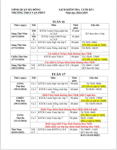 LỊCH KIỂM TRA CUỐI KÌ 1 NĂM HỌC 2024- 2025