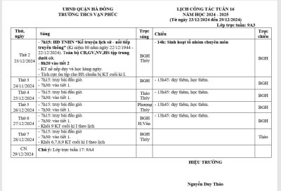 LỊCH CÔNG TÁC TUẦN 16 NĂM HỌC 2024- 2025